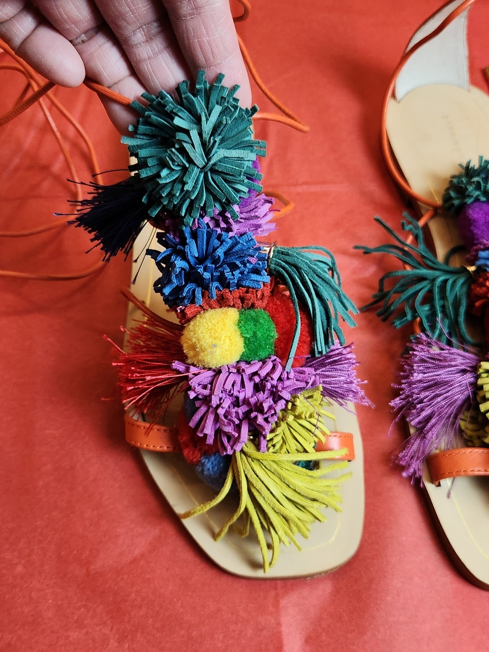 Zara Multicolor Pompom Tassel Lace-Up Women’s Sandals - Picture 5 of 9